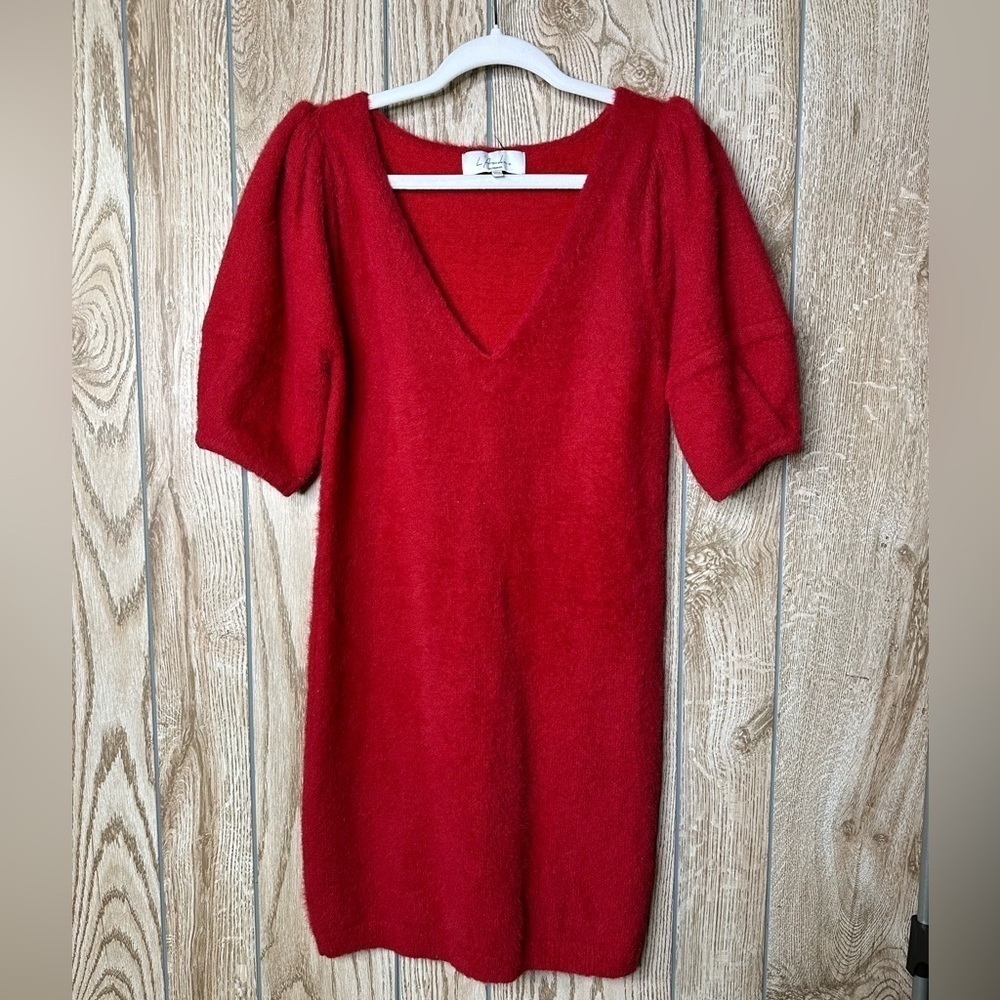 L'Academie Red Mini Dress with V-Neck and Puff Sleeves